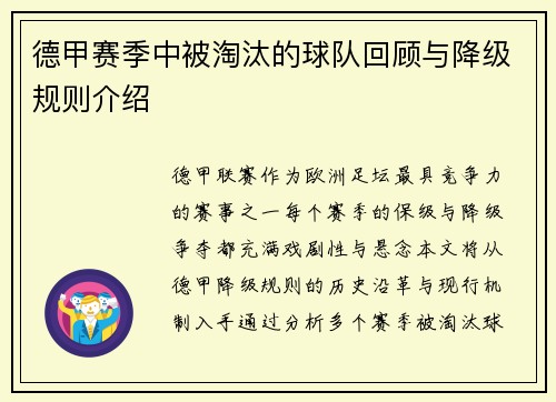 德甲赛季中被淘汰的球队回顾与降级规则介绍