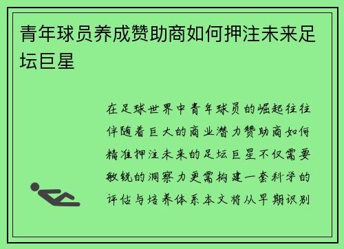 青年球员养成赞助商如何押注未来足坛巨星